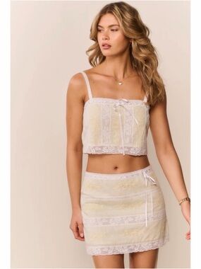 Lace Trim Mini Skirt - Pastel Yellow & White